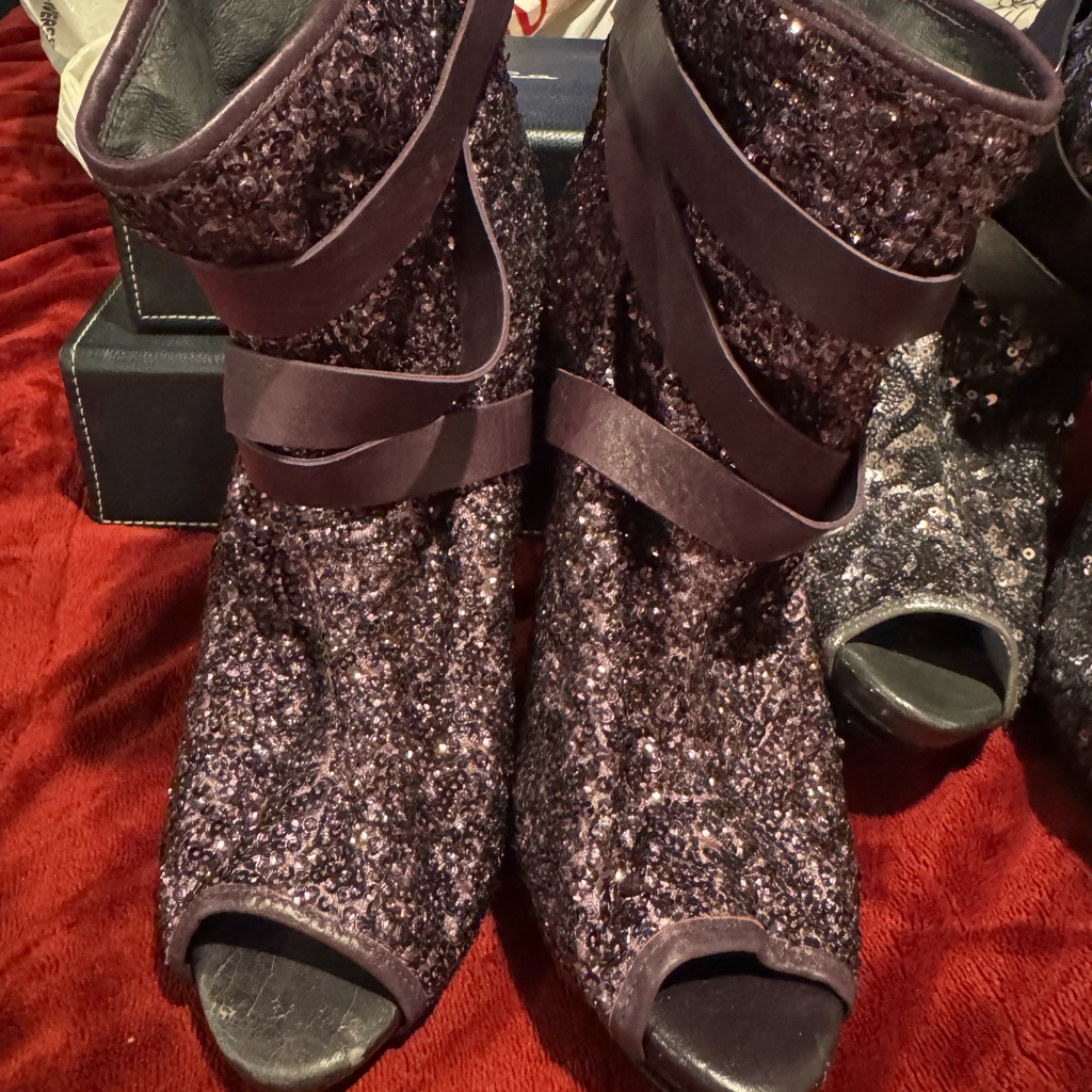 Staccato Glittery Dark Purple Sequin Open Toes Ankle Boots